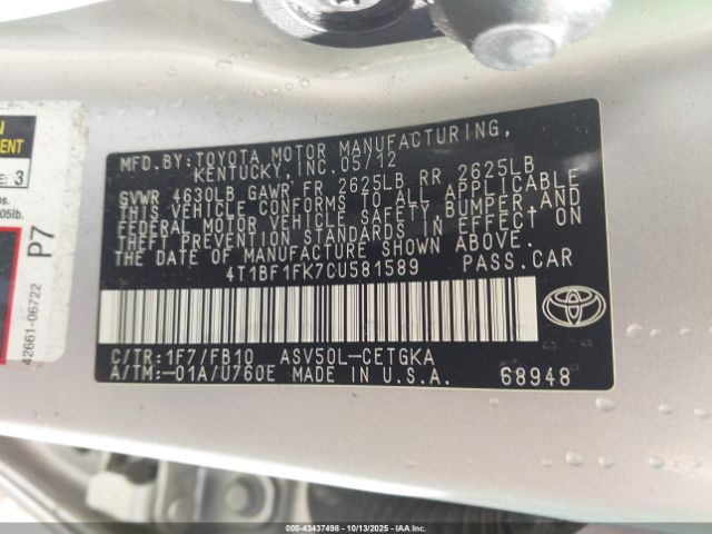2012 TOYOTA CAMRY 4T1BF1FK7CU581589 Photo 8