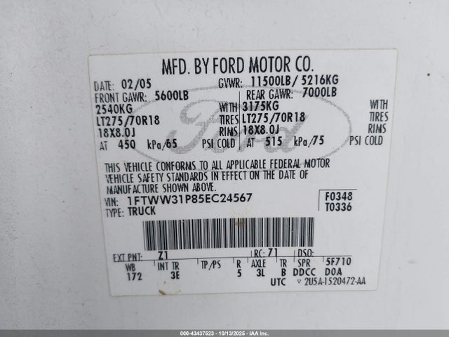 Продажа на аукционе авто 2005 Ford F-350, vin: 1FTWW31P85EC24567, номер лота: 43437523