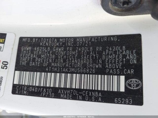 2021 TOYOTA CAMRY 4T1H31AK3MU566826 Photo 8