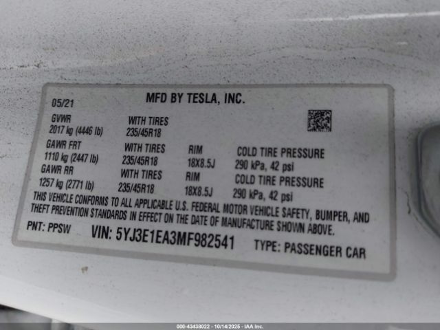 2021 TESLA MODEL 3 5YJ3E1EA3MF982541 Photo 8