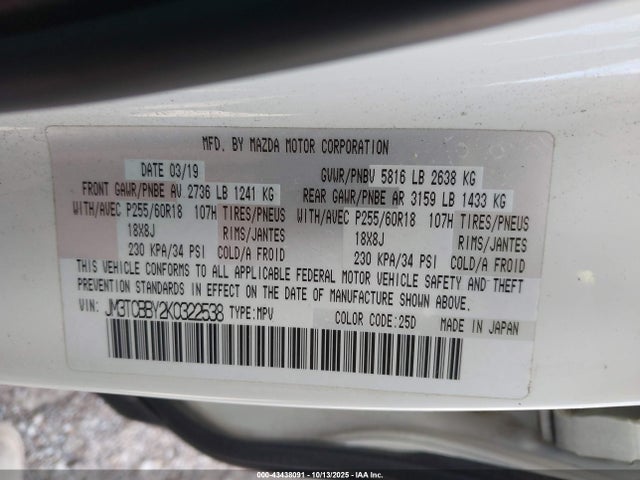 Продажа на аукционе авто 2019 Mazda Cx-9 Sport, vin: JM3TCBBY2K0322538, номер лота: 43438091