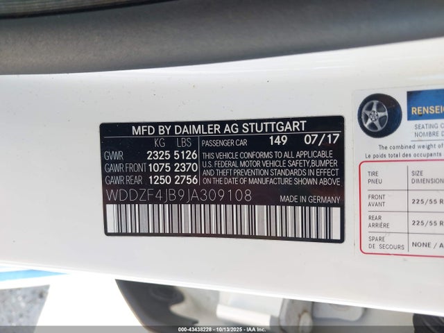 43438228 :رقم المزاد ، WDDZF4JB9JA309108 vin ، 2018 Mercedes-benz E 300 مزاد بيع