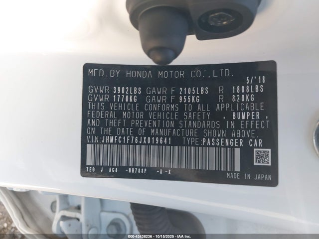 43438236 :رقم المزاد ، JHMFC1F76JX019641 vin ، 2018 Honda Civic Ex-l مزاد بيع
