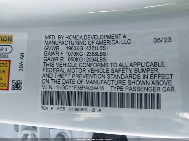 1HGCY1F38PA034416 Honda ACCORD EX