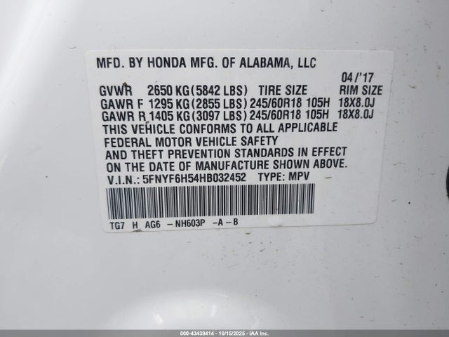Honda Pilot Ex-l 2017 5FNYF6H54HB032452 Image 9