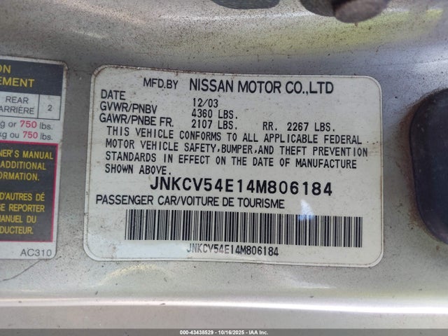 2004 Infiniti G35 მანქანა იყიდება აუქციონზე, vin: JNKCV54E14M806184, აუქციონის ნომერი: 43438529