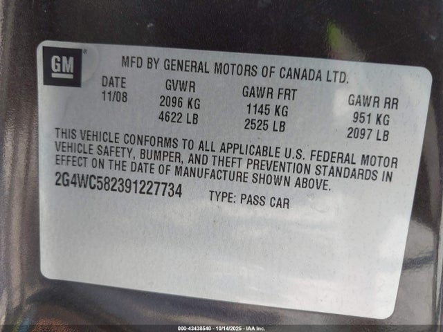 43438540 :رقم المزاد ، 2G4WC582391227734 vin ، 2009 Buick Lacrosse Cx مزاد بيع