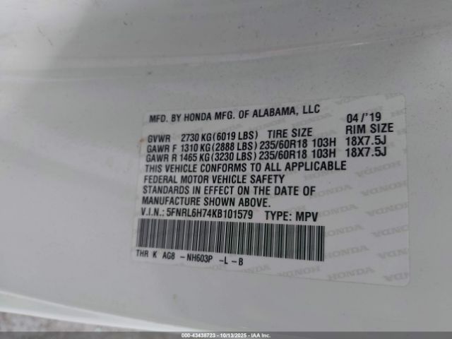 2019 HONDA ODYSSEY 5FNRL6H74KB101579 Photo 8