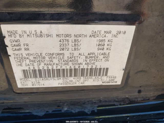 2010 MITSUBISHI GALANT 4A32B2FF1AE017921 Photo 8