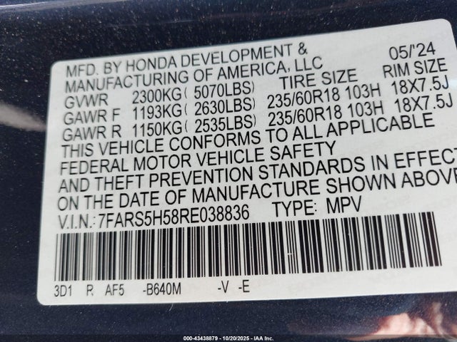 43438879 :رقم المزاد ، 7FARS5H58RE038836 vin ، 2024 Honda Cr-v Hybrid Sport مزاد بيع