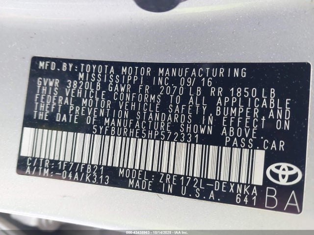 5YFBURHE5HP572331 Toyota COROLLA LE