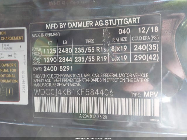 Auction sale of the 2019 Mercedes-benz Glc 300 Coupe 4matic, vin: WDC0J4KB1KF584406, lot number: 43439187