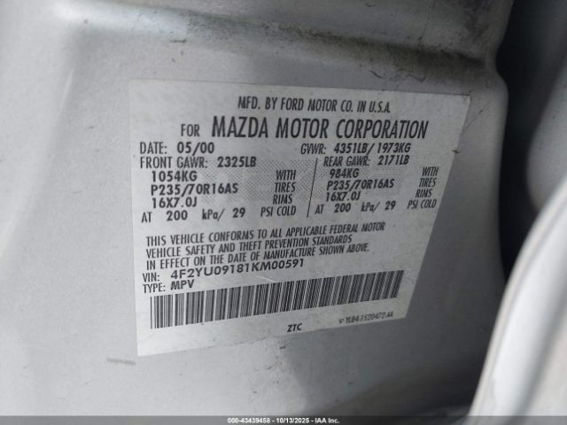 2001 MAZDA TRIBUTE 4F2YU09181KM00591 Photo 8