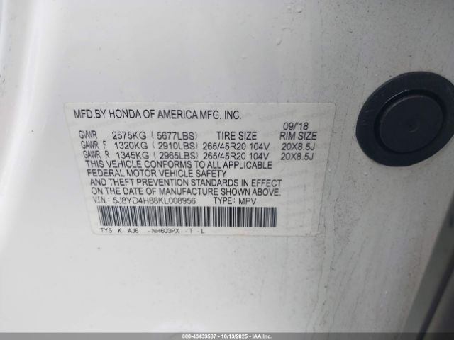 2019 ACURA MDX 5J8YD4H88KL008956 Photo 8