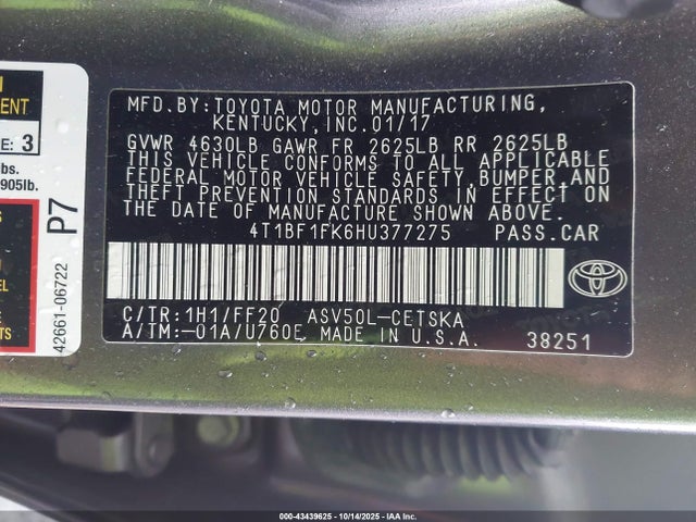 4T1BF1FK6HU377275 Toyota 2ar-fe