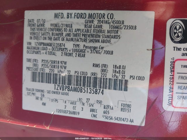 Продажа на аукционе авто 2011 Ford Mustang V6 Premium, vin: 1ZVBP8AM0B5135874, номер лота: 43440101