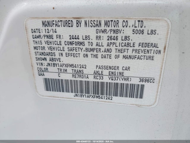 Auction sale of the 2015 Infiniti Q70 3.7, vin: JN1BY1APXFM541242, lot number: 43440133