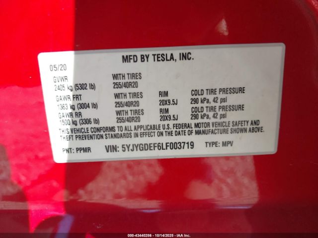 2020 TESLA MODEL Y 5YJYGDEF6LF003719 Photo 8