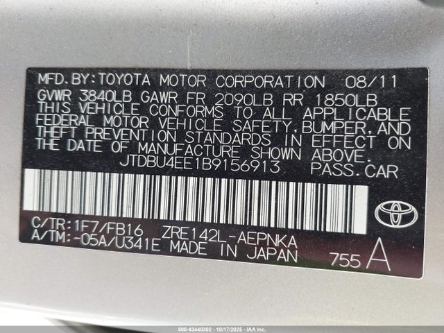43440302 :رقم المزاد ، JTDBU4EE1B9156913 vin ، 2011 Toyota Corolla Le مزاد بيع