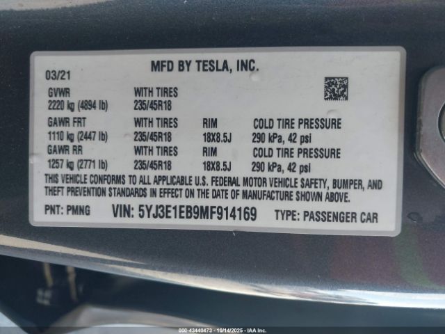 2021 TESLA MODEL 3 5YJ3E1EB9MF914169 Photo 8