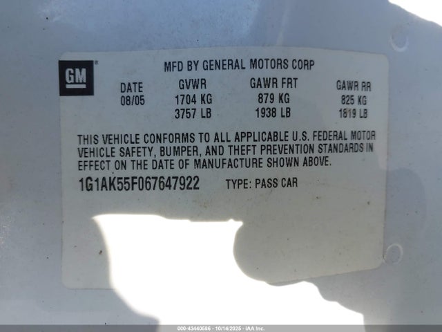 Продаж на аукціоні авто 2006 Chevrolet Cobalt Ls, vin: 1G1AK55F067647922, номер лоту: 43440596