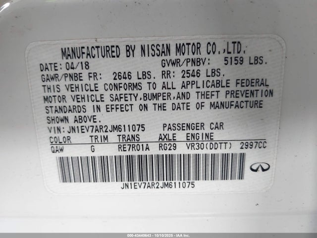 Aukcja sprzedaży 2018 Infiniti Q50 3.0t Luxe, vin: JN1EV7AR2JM611075, numer aukcji: 43440643