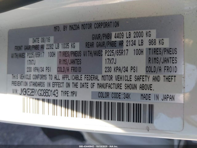 43440842 :رقم المزاد ، JM3KE2BYXG0860143 vin ، 2016 Mazda Cx-5 Sport مزاد بيع