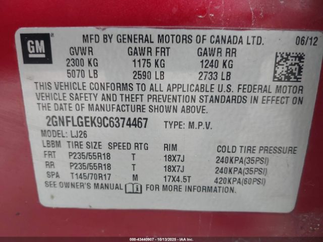 2012 CHEVROLET EQUINOX 2GNFLGEK9C6374467 Photo 8