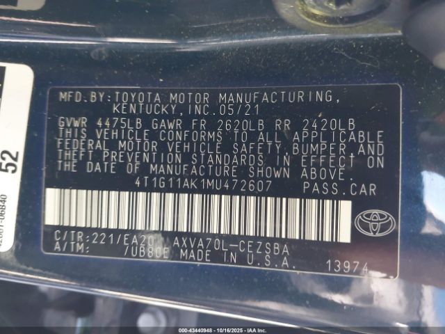 2021 TOYOTA CAMRY 4T1G11AK1MU472607 Photo 8