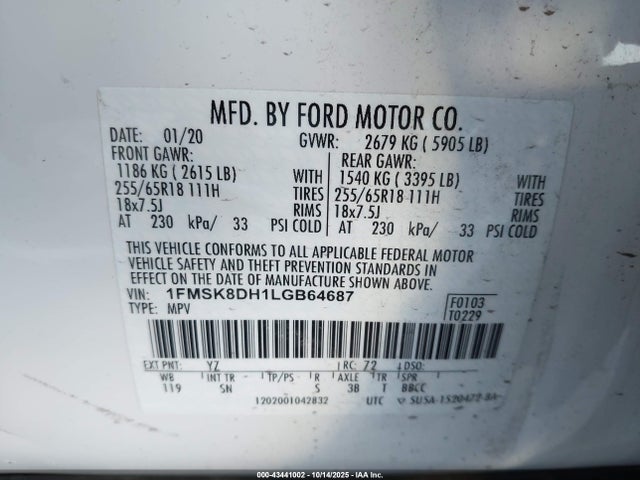 1FMSK8DH1LGB64687 Ford EXPLORER XLT