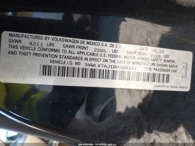 2011 Volkswagen Jetta 2.5l Sel მანქანა იყიდება აუქციონზე, vin: 3VWLX7AJ1BM300331, აუქციონის ნომერი: 43441099