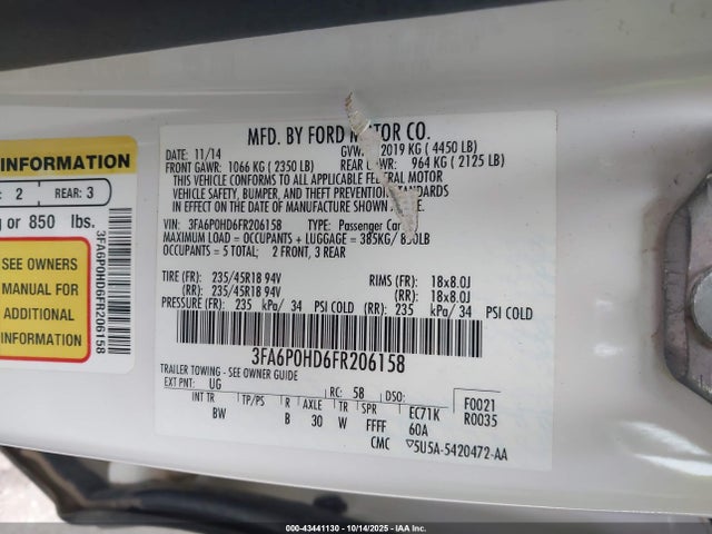 Ford FUSION SE 2015 3FA6P0HD6FR206158 Image 9