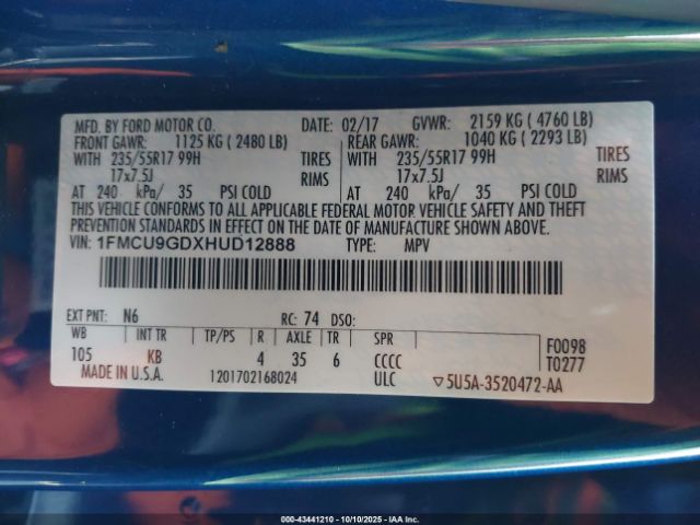 2017 FORD ESCAPE 1FMCU9GDXHUD12888 Photo 8