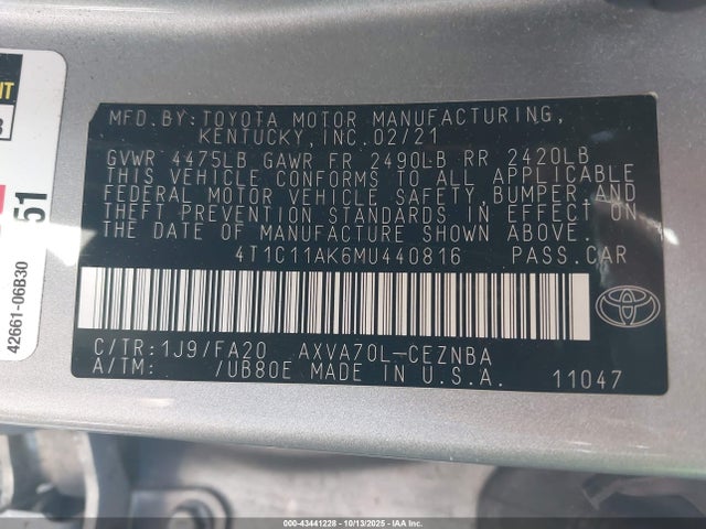 4T1C11AK6MU440816 Toyota CAMRY LE