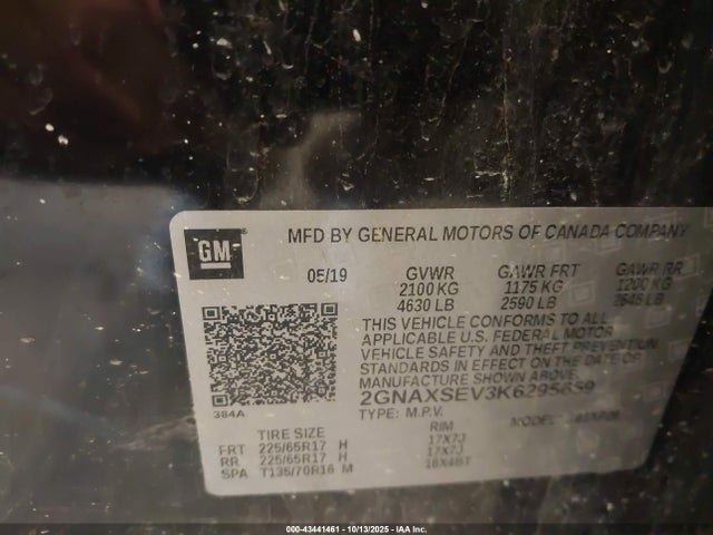 Auction sale of the 2019 Chevrolet Equinox Ls, vin: 2GNAXSEV3K6295659, lot number: 43441461
