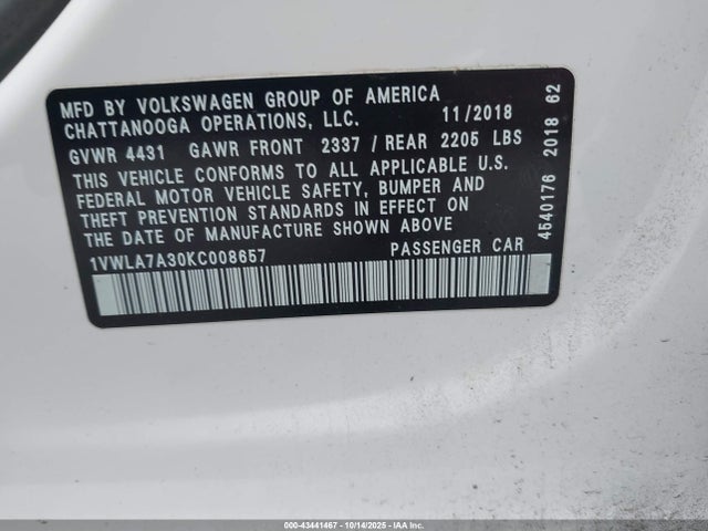 2019 VOLKSWAGEN PASSAT 1VWLA7A30KC008657 Photo 8