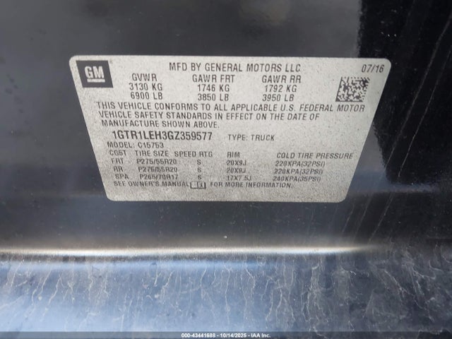 43441688 :رقم المزاد ، 1GTR1LEH3GZ359577 vin ، 2016 Gmc Sierra 1500 مزاد بيع
