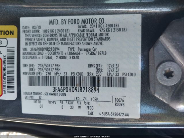 2018 FORD FUSION 3FA6P0HD9JR218894 Photo 8