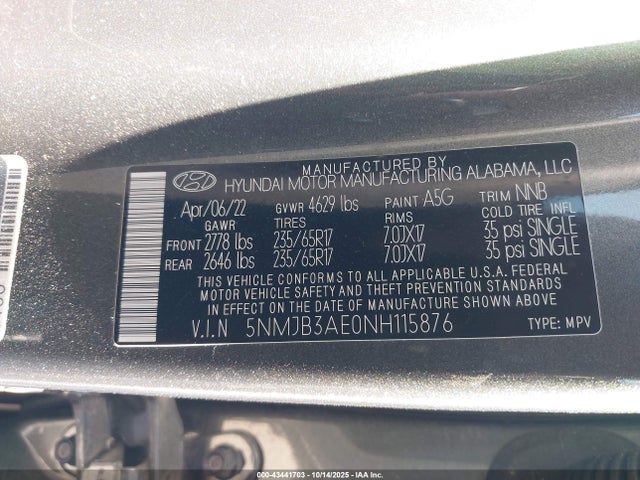 Продажа на аукционе авто 2022 Hyundai Tucson Sel, vin: 5NMJB3AE0NH115876, номер лота: 43441703