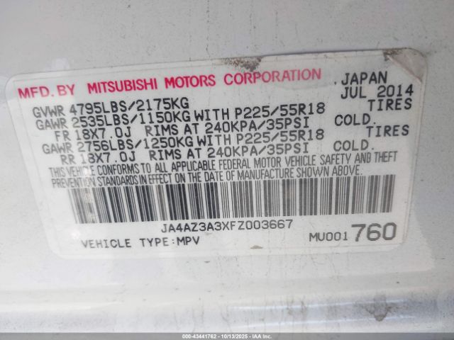 2015 MITSUBISHI OUTLANDER JA4AZ3A3XFZ003667 Photo 8