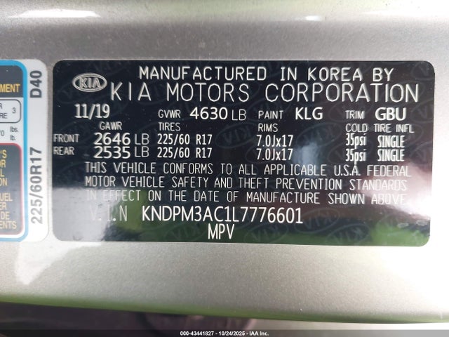 KNDPM3AC1L7776601 KIA Sportage Lx