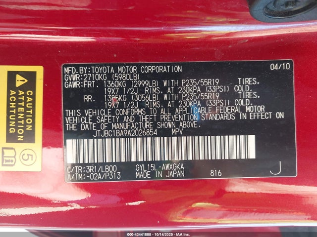 43441888 :رقم المزاد ، JTJBC1BA9A2026854 vin ، 2010 Lexus Rx 450h مزاد بيع