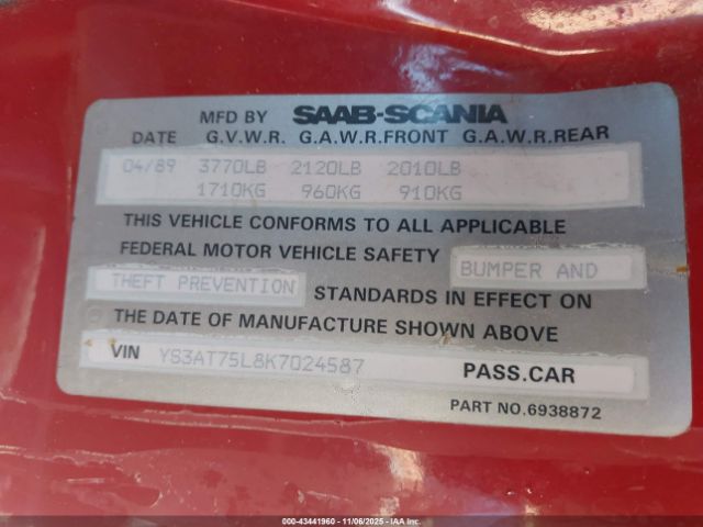 1989 SAAB 900 YS3AT75L8K7024587 Photo 8