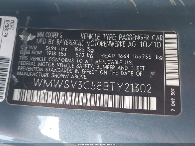 2011 MINI COOPER S WMWSV3C58BTY21302 Photo 8