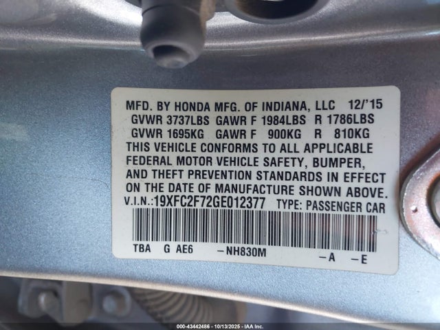 Honda k20c2 2016 19XFC2F72GE012377 Image 9