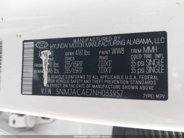 2022 HYUNDAI TUCSON 5NMJACAE2NH033957 Photo 8