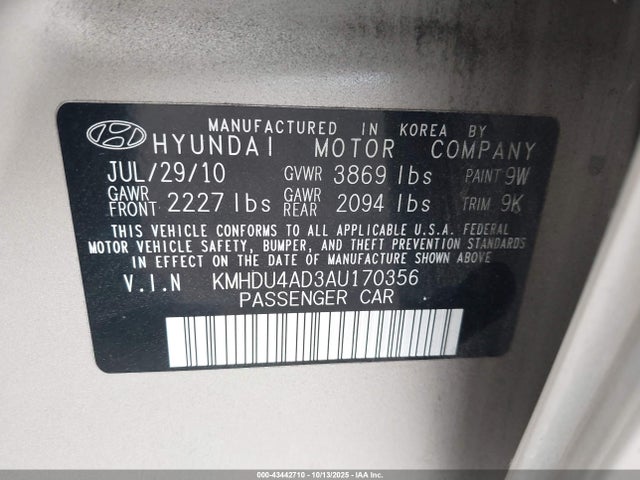 Продаж на аукціоні авто 2010 Hyundai Elantra Gls, vin: KMHDU4AD3AU170356, номер лоту: 43442710