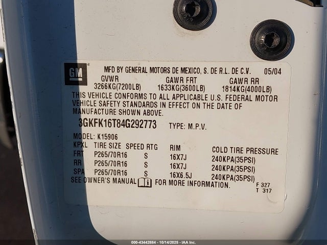 43442884 :رقم المزاد ، 3GKFK16T84G292773 vin ، 2004 Gmc Yukon Xl 1500 Slt مزاد بيع