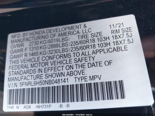 2022 HONDA ODYSSEY 5FNRL6H50NB048141 Photo 8