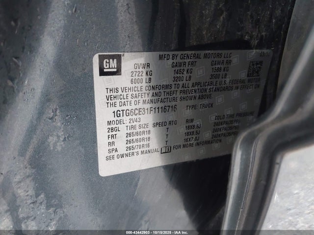 Aukcja sprzedaży 2015 Gmc Canyon Slt, vin: 1GTG6CE31F1116716, numer aukcji: 43442903